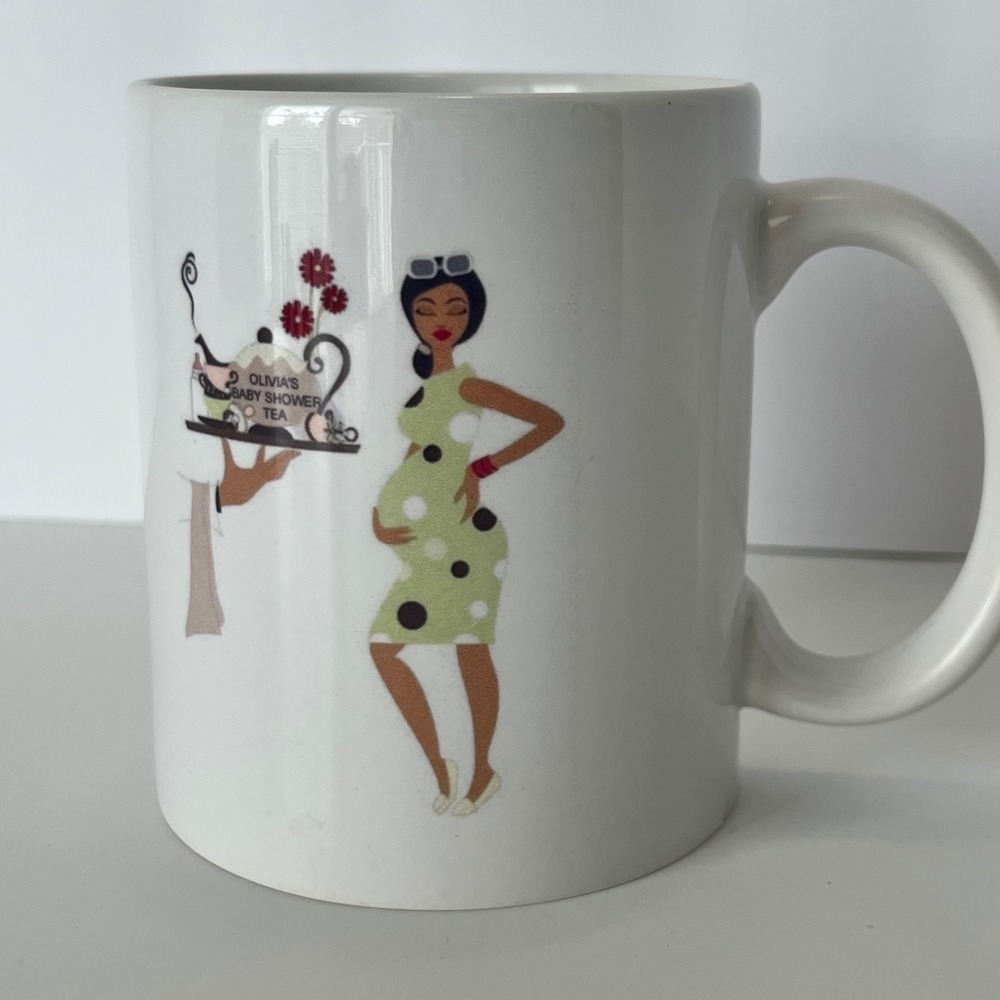 Olivia's Baby Shower Tea Graphic Ceramic Coffee Mug White Green Polka Dot Y2K